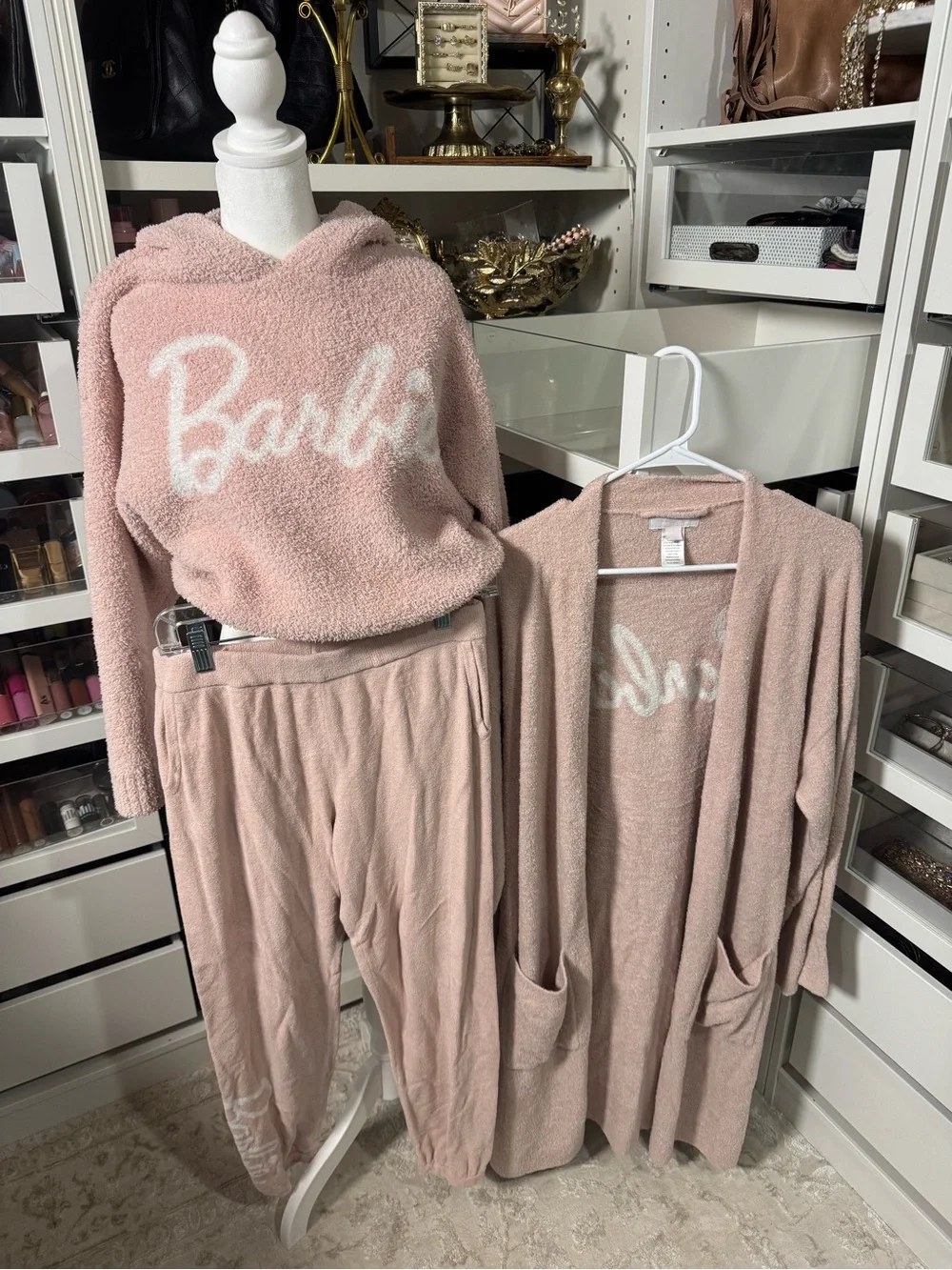 Barbie Plush Pink 3-Piece Hooded Pajama Set with Cardigan